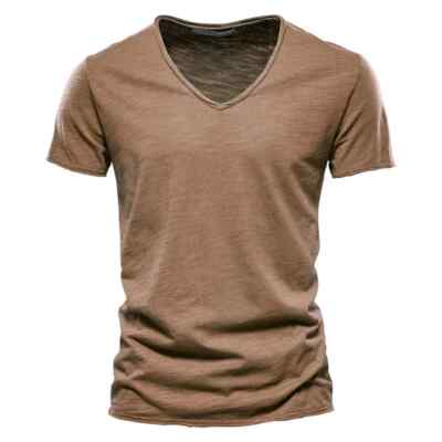 100% Cotton V-Neck Design Slim Fit Soild Color Short Sleeve T Shirt for Men