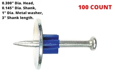 3" Powder Actuated Fastener Drive Pin w/ 1" Washer, Construction Fastening Nail 