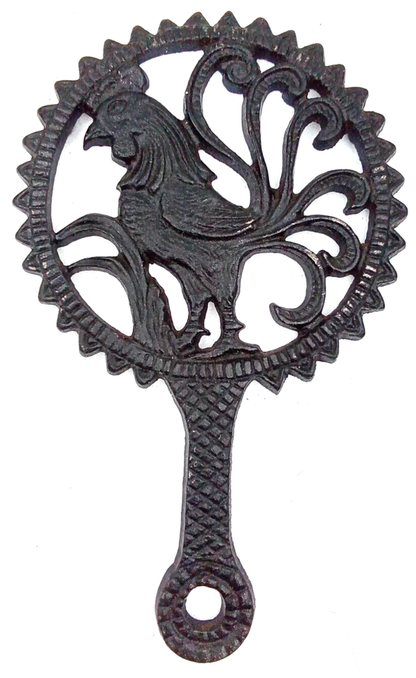 Rooster Cast Iron Trivet Handle Metal Footed Black Hang Round Feather
