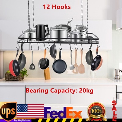Pot and Pan Rack for Ceiling w/ Hooks Pot Hangers for Kitchen Ceiling Black Rack