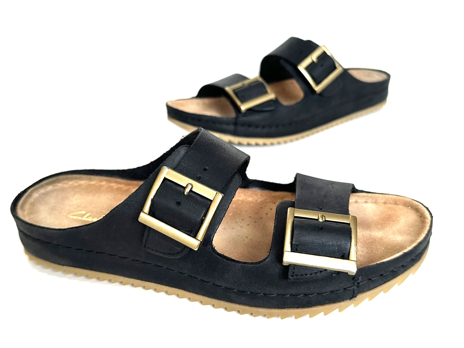 Ciabatte sandali donna CLARKS pelle nera doppio cinturino taglia UK 7 5 D ecc condizioni