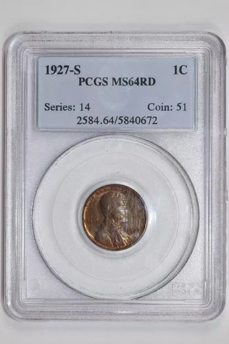1927-S LINCOLN WHEAT CENT PCGS MS64 RED