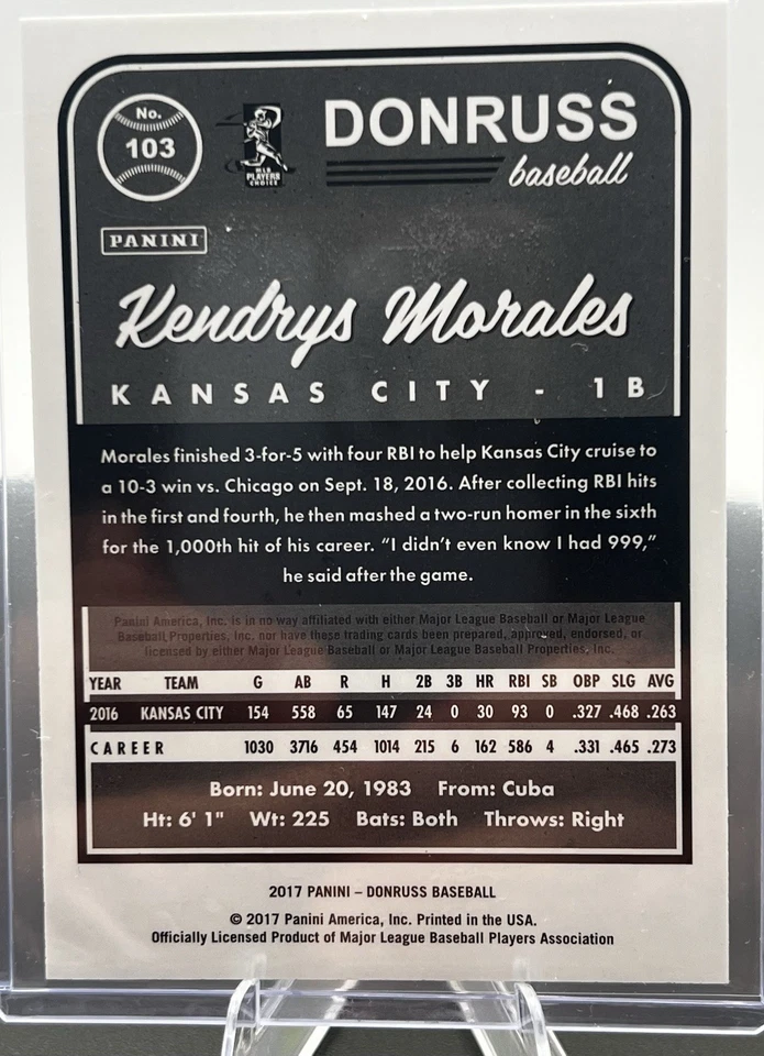 2017 Panini Donruss Kendrys Morales Artist Proof /10 #103 - Image 3 of 3