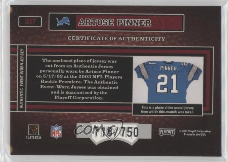 2003 Playoff Hogg Heaven Premiere Hoggs /750 Artose Pinner #217 Rookie RC - Image 2 of 2