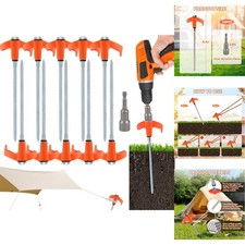 10pc 8" Screw-In Tent Stakes Heavy Duty Ground Anchors Drillable Peg with Driver