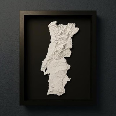 3D Portugal Map Wall Art: Topography in Black Wood Frame