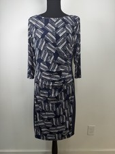 Lauren Ralph Lauren Dress Lined Ruched Geometric Print Navy White Size 12