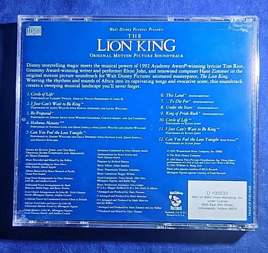 WALT DISNEY PRESENTS THE LION KING ORIGINAL MOTION PICTURE SOUNDTRACK ( CD, 1994 - Image 3 of 3
