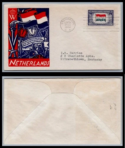 US FDC # 913 5c Overrun Nations Netherlands Smart Craft   1943, 9Q3022