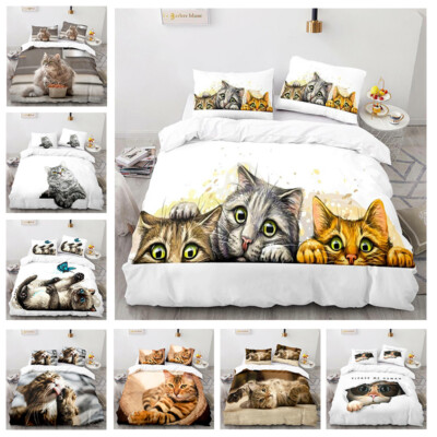 Katzen Steppdecke Bettbezug Kissenbezug Haustiere Bettwäsche Set Single Double King Size UK