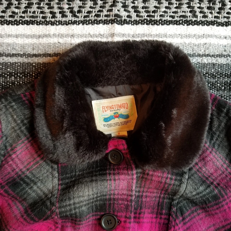 Flying Tomato Sz M Soft Wool Blend Trench Coat Jacket Pink Black Plaid Faux Fur - Image 4 of 4
