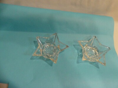 Vintage Clear Glass Star Shaped Taper Candle Holders 5 Points - set of 2