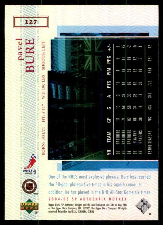 2004-05 SP AUTHENTIC ALL WORLD TEAM PAVEL BURE ALL STAR GAME #127 - Image 2 of 2