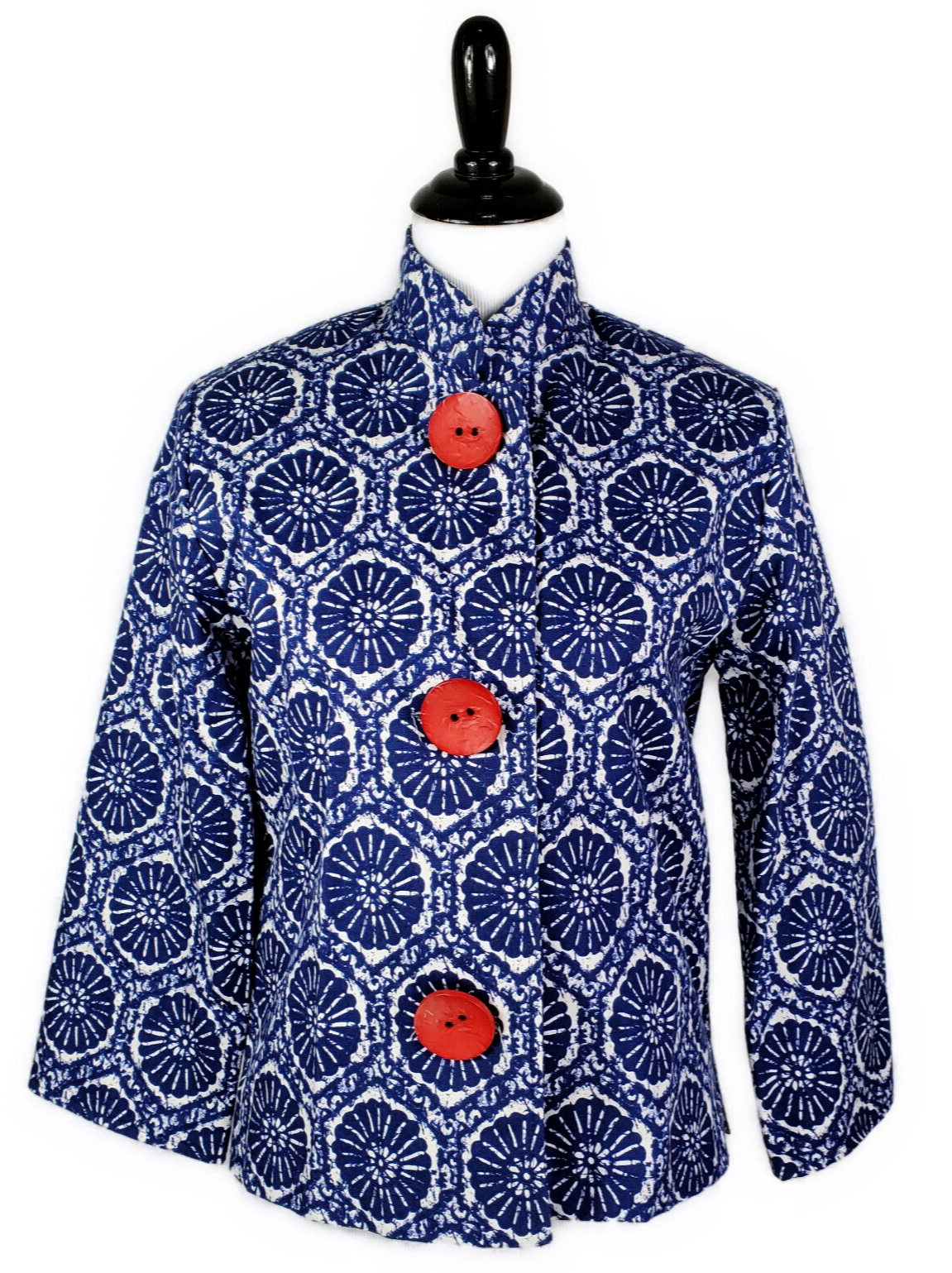 Giacca 3 bottoni nuova senza etichette ~ vintage ~ pony dipinto ~ donna XS ~ stampa geometrica blu e bianca