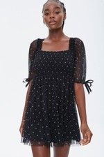Forever 21 Size Medium Black Polka Dot Short Mini Dress Sheer Sleeves