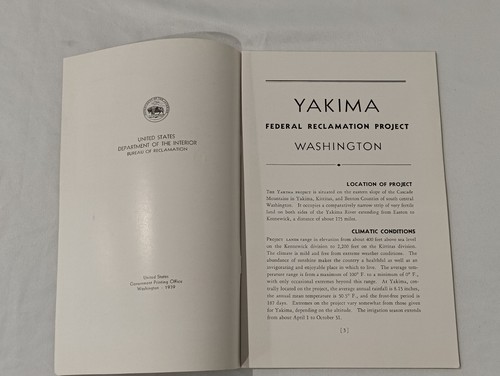 1939 Yakima Federal Reclamation Project U.S. Department Of Interior Booklet - Picture 3 of 17