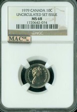 1979 CANADA 10 CENTS NGC MS68 PQ  2ND FINEST REGISTRY MAC SPOTLESS  *
