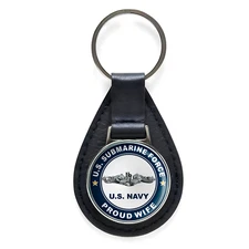 US Submarine Force Proud Wife Silver Dolphins Black Leather Keychain Silver 