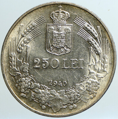 1940 ROMANIA King Carol II Shield VINTAGE Silver 250 Lei Romanian