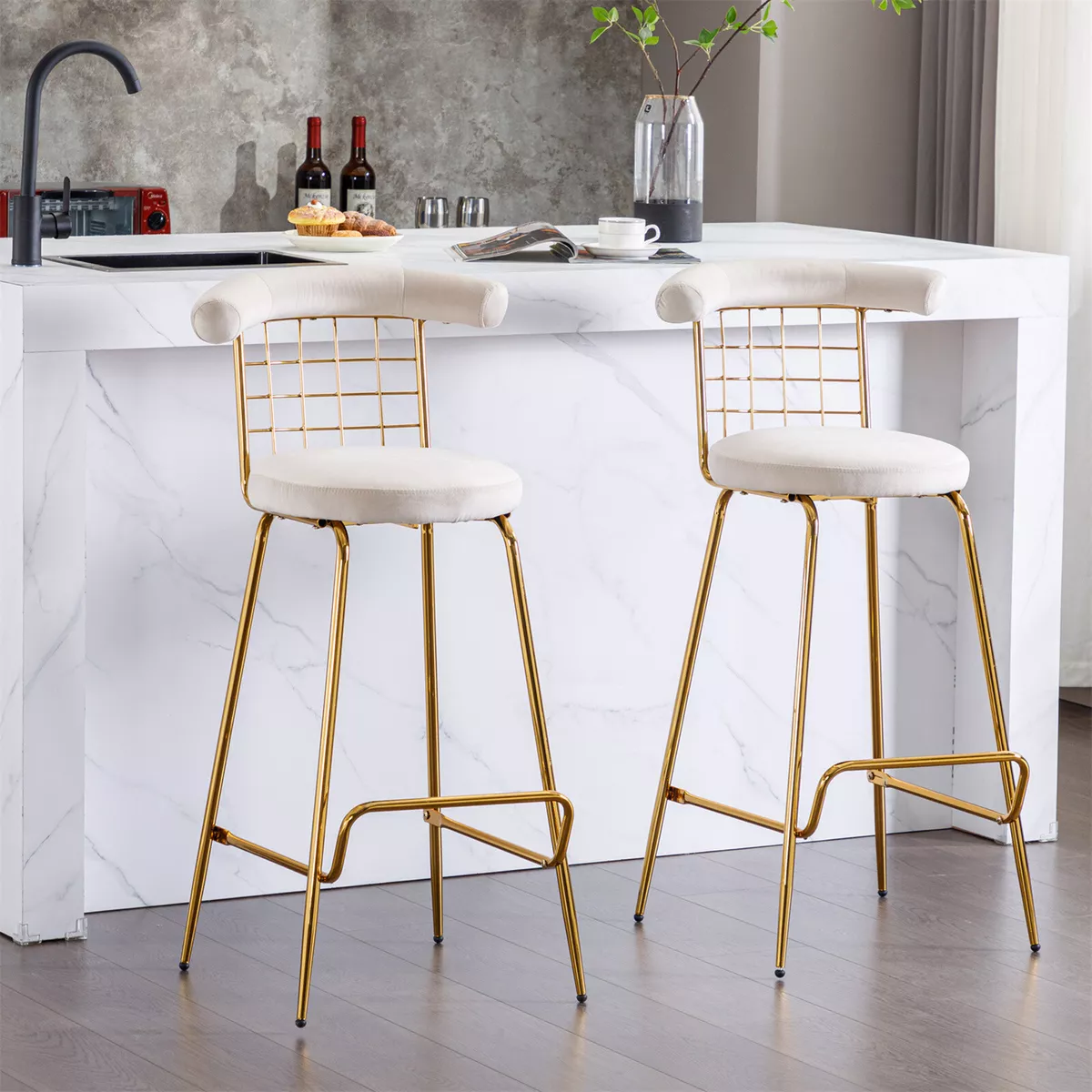 Bar Stools Set of 2 Luxury Velvet Counter High Bar Stool Pub Stool