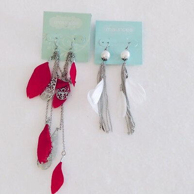 Feather Earrings Dangle 4.5'' long Silver Tone Chain Tassel Light Metal 2 pr