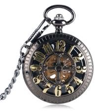 Steampunk Skeleton Mechanical Windup Pocket Watch Chain Number Display Men Women