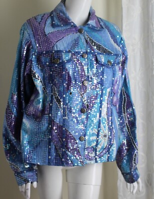 DAZZLER Sandy Starkman Sz XL ALL SEQUIN GLAM Blue Purple Modernist Art Jacket
