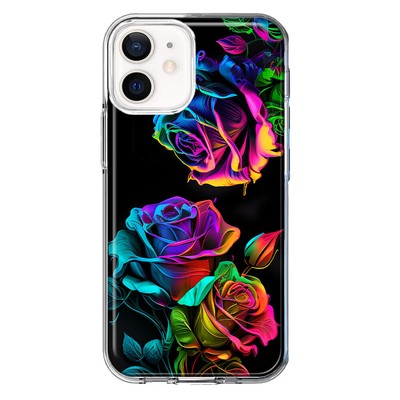 For Apple iPhone 12 Mini Shockproof Hybrid Case, Neon Rainbow Glow Roses
