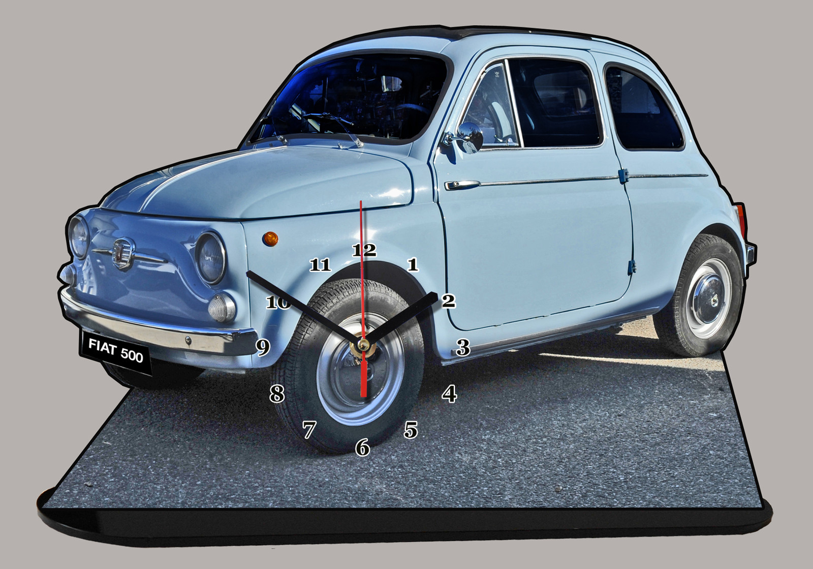 Horloge miniature Fiat 500 bleu rétro en métal pour décoration de bureau vintage