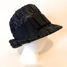 VTG Woven Cloche Church Hat Black Bow Union Made in USA Twee Retro Derby Chic