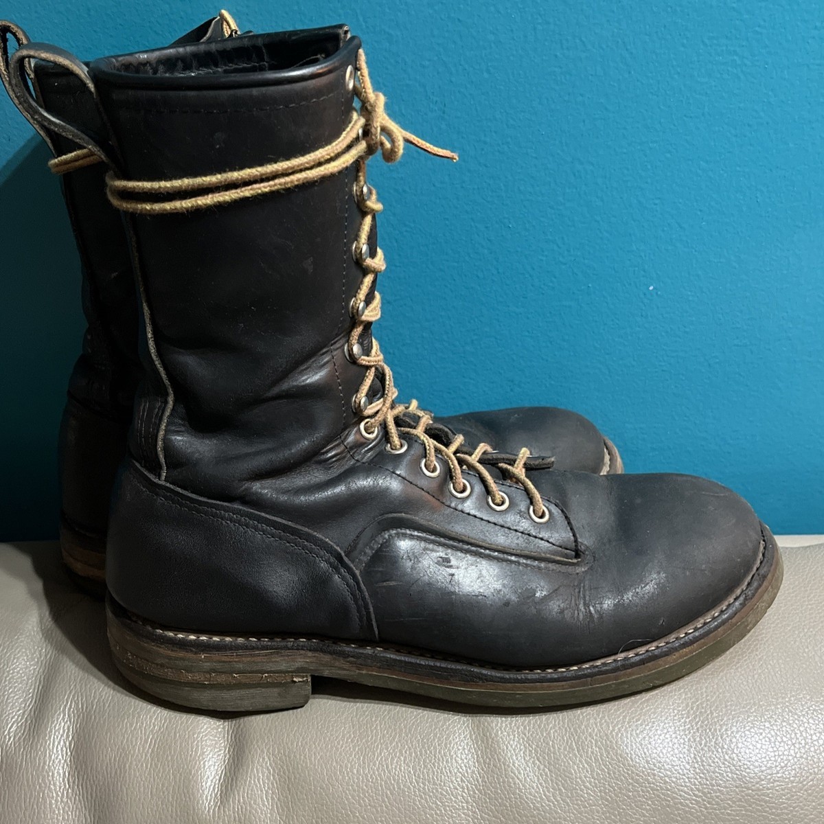 Vintage Red Wing 919 Logger Lineman Boots Black Leather Green Sole