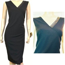 NWT New St John Mock Wrapped Little Black Dress w Leather trim sz 10