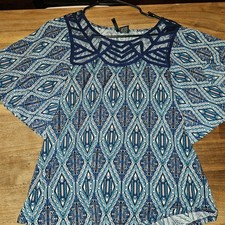 Boho Style Tunic With Geometric Pattern Blue/green Color With Sheer Collar