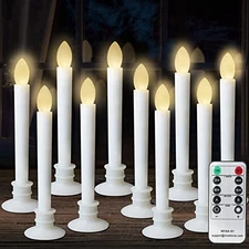 10 Pack Flameless Taper Candles with Remote/Timer, Battery 10pcs White Base