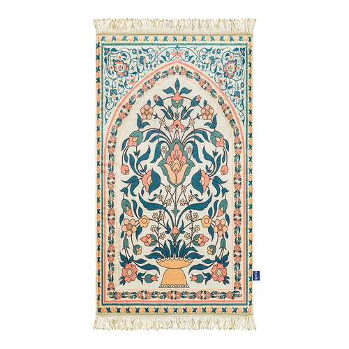 Gepolsterter Gebetsteppich für Erwachsene mit türkisfarbenem und korallenfarbenem Blumendesign von Urban Rug UK - Bild 1 von 12