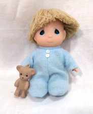 1988 Enesco Precious Moments Baby Boy in Pajamas with Teddy Bear Blonde Blue Eye