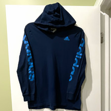 adidas Navy Blue hooded Pullover Long Sleeve Logo Graphic Print Youth L 14/16