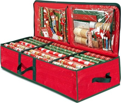 Gift Wrap Storage Container with 40 Interior Pockets for Bows Ribbons Tags Holds