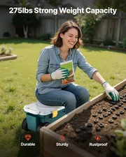 Garden Scooter with Seat, 2 in 1 Rolling Garden Cart with Storage Bin, Supports