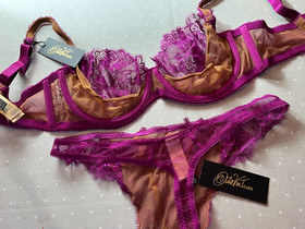 Dita Von Teese magenta lace 36B bra & thong NEW savoir faire cameo set