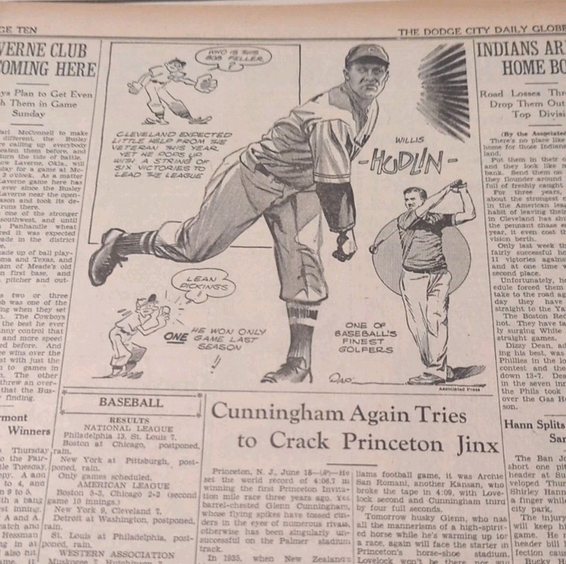 JUNE 18, 1937 NEWSPAPER PAGE #2150- WILLIS HUDLIN, CLEVELAND INDIANS BASEBALL ⚾