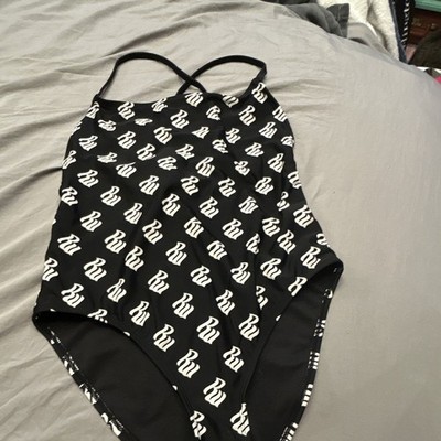 Women's Black/White Logo One-Piece Swimsuit Spaghetti Cross-Back Lined M B