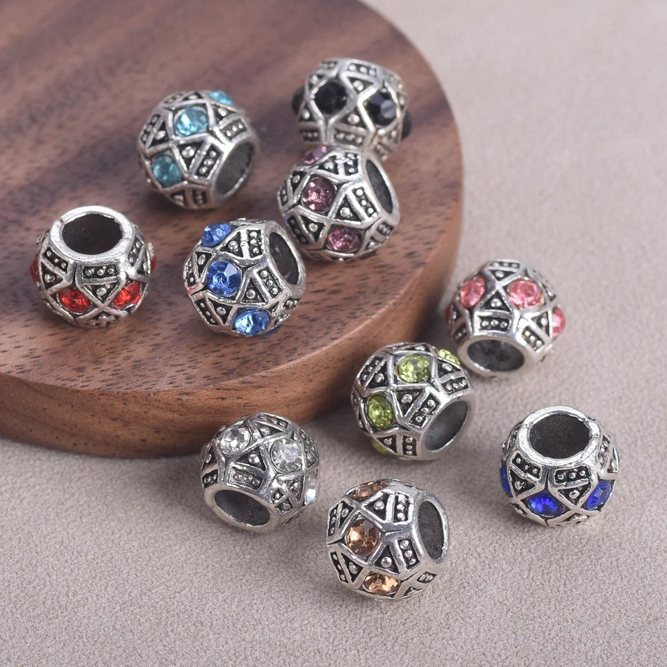 10PCS 10mm Round Tibetan Silver Color Rhinestones Charm Loose Big Hole Beads - Image 2 of 4