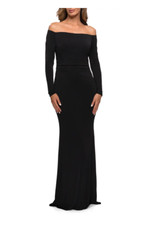LA FEMME OFF THE SHOULDER LONG SLEEVE BLACK JERSEY GOWN 4