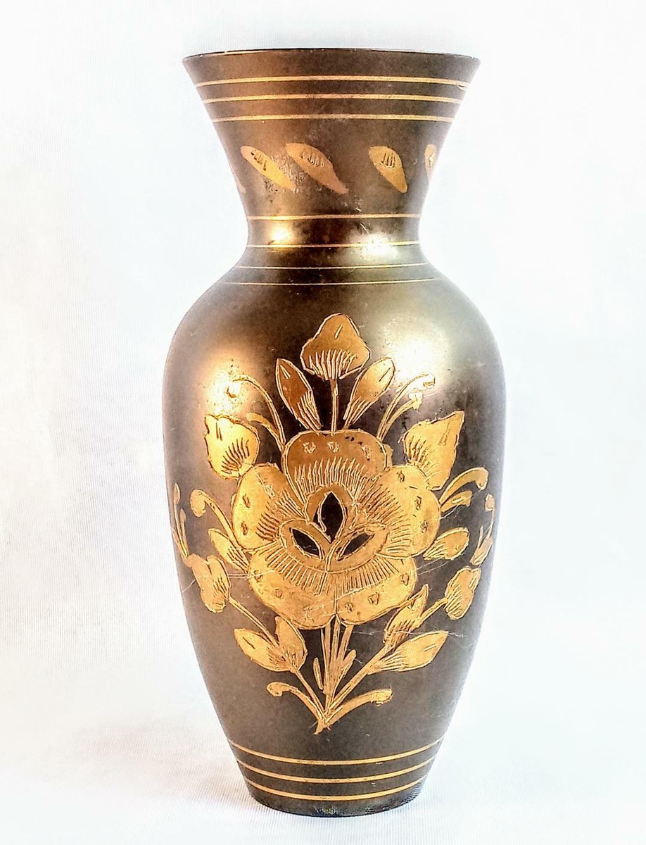 Vintage Brass Vase Hand-Tooled, Etched Burnished India