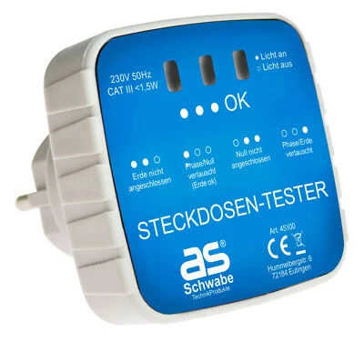 AS - SCHWABE Prüfstecker Anschluss Prüfer mit Kontrollleuchte 230V Stromkreis-Prüfgerät