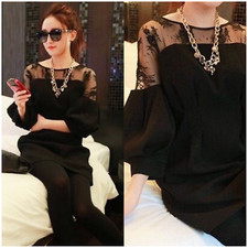 NEW! Fashion Mini Black Dress Round Collar Stitching Lace Printing Wing Sleeve