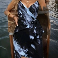 New Look Crossed Blue Short Soft Glam Summer Sexy Dress Size 14 (Small 16)