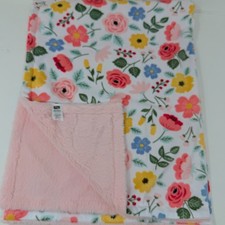 HB Pink Blue Yellow Flowers Floral Baby Blanket Faux Fur Hudson Baby 30x40 2023