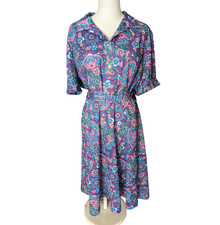 Vintage 70s Purple & Pink Geometric Collared Short Sleeve Belt Shirt Dress Sz 18